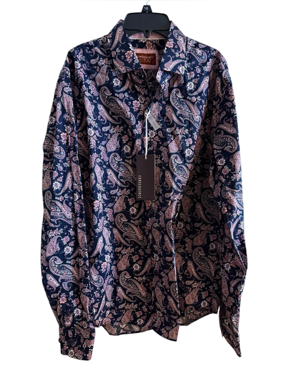 Consequence Mens Paisley Floral Long Sleeve Stretch Button Up Dress Shirt Medium